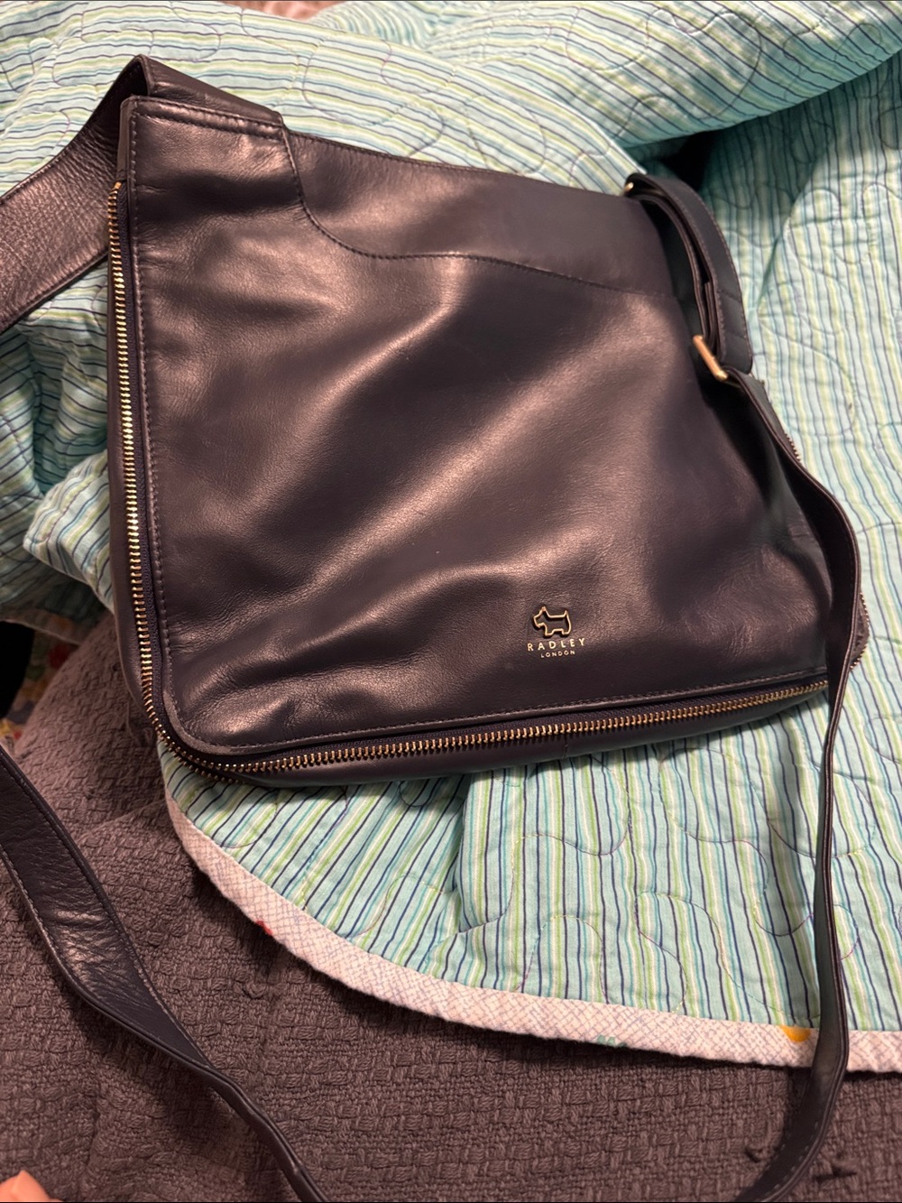 RADLEY LONDON Navy Leather Messenger Bag with Gold Hardware